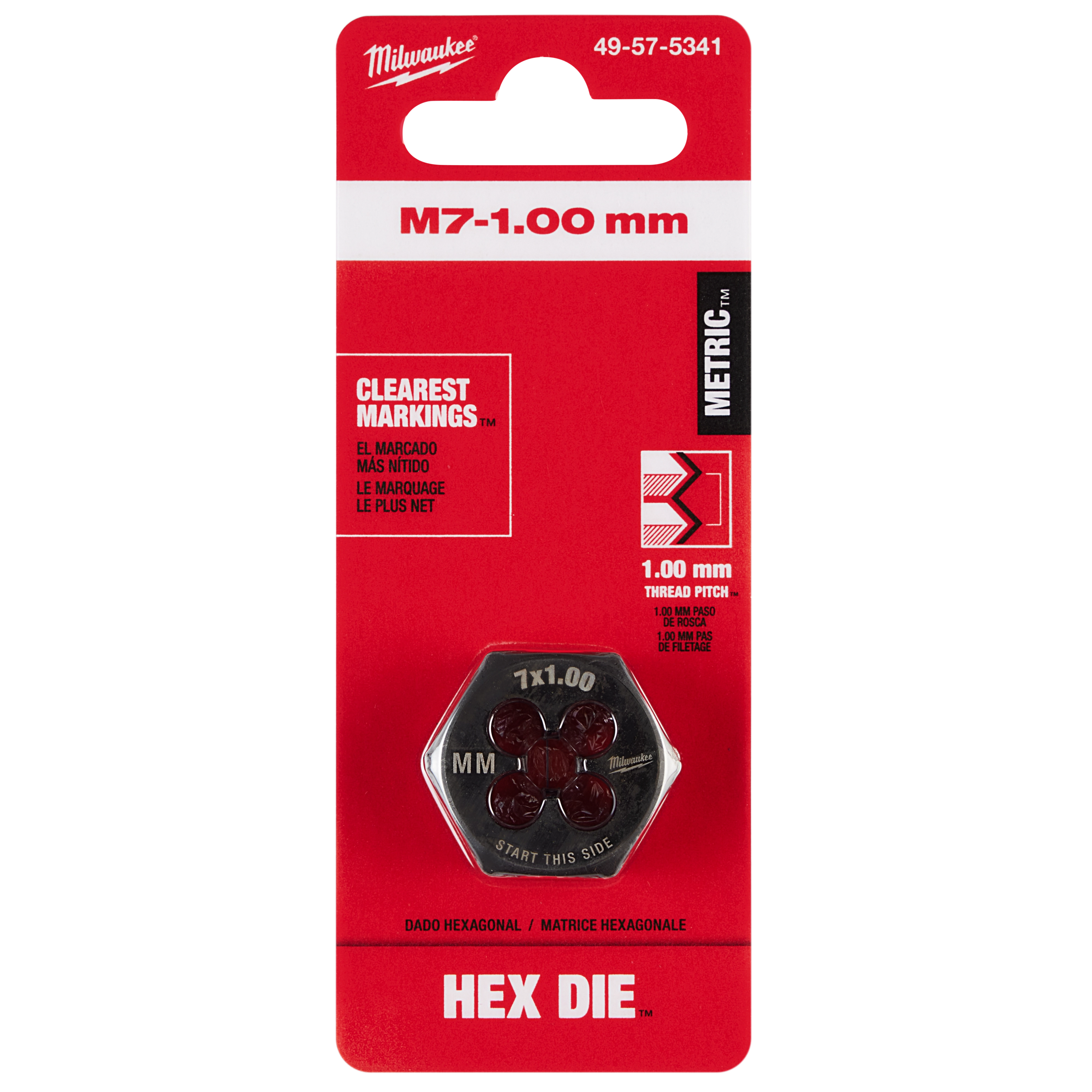 The product image shows an M7-1.00 mm 1-Inch Hex Threading Die in red packaging, featuring clearest markings and metric thread pitch.