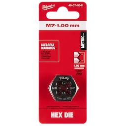 The product image shows an M7-1.00 mm 1-Inch Hex Threading Die in red packaging, featuring clearest markings and metric thread pitch.