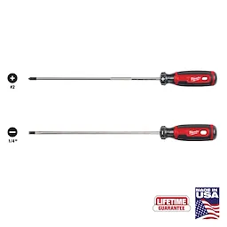 2 PC. Cushion Grip Screwdriver Set (USA) with a #2 Phillips and a 1/4-inch slotted screwdriver, both featuring red and black handles.
