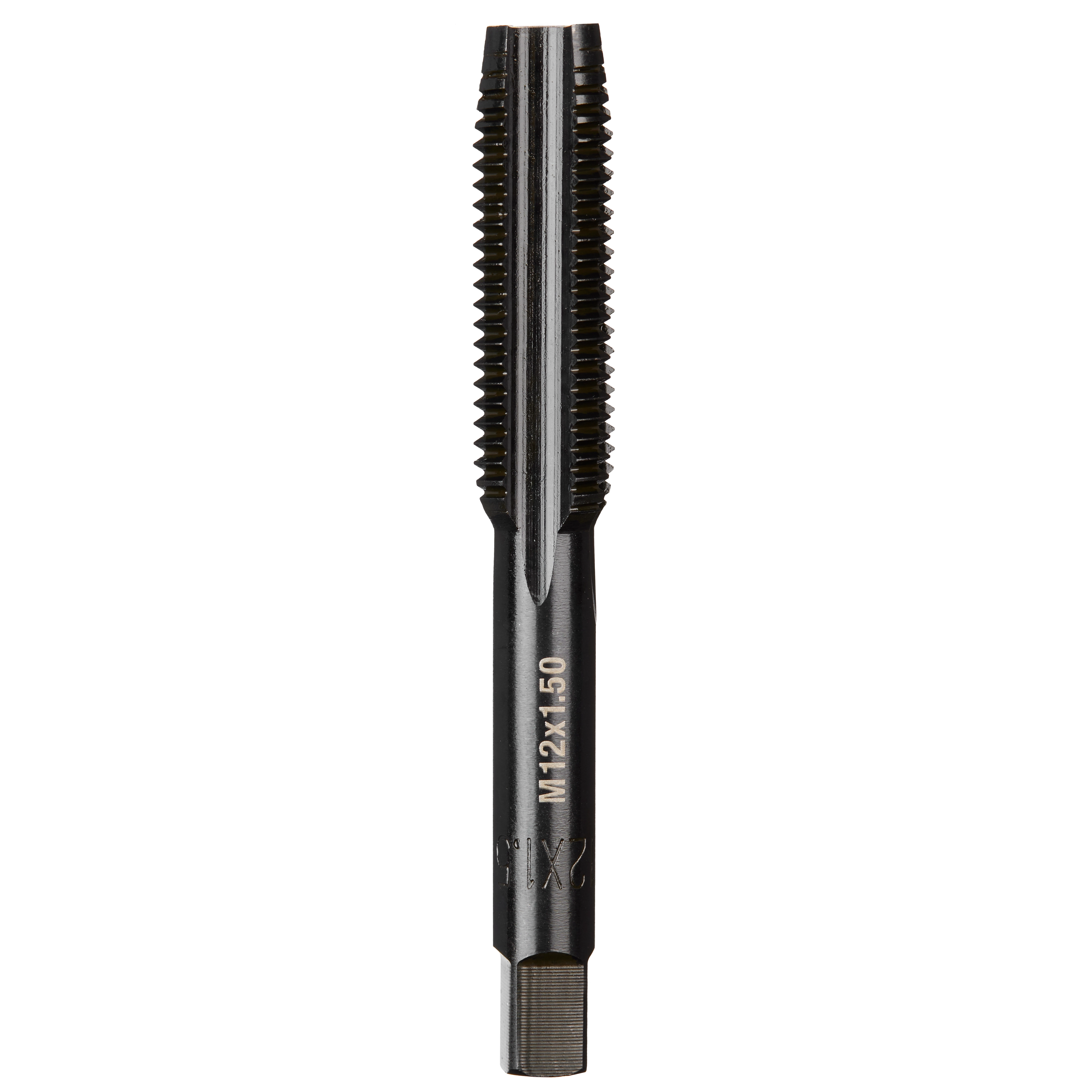 M12-1.50 20mm Straight Flute Plug Tap, a metal cutting tool with threaded cutting edges, used for creating internal threads.