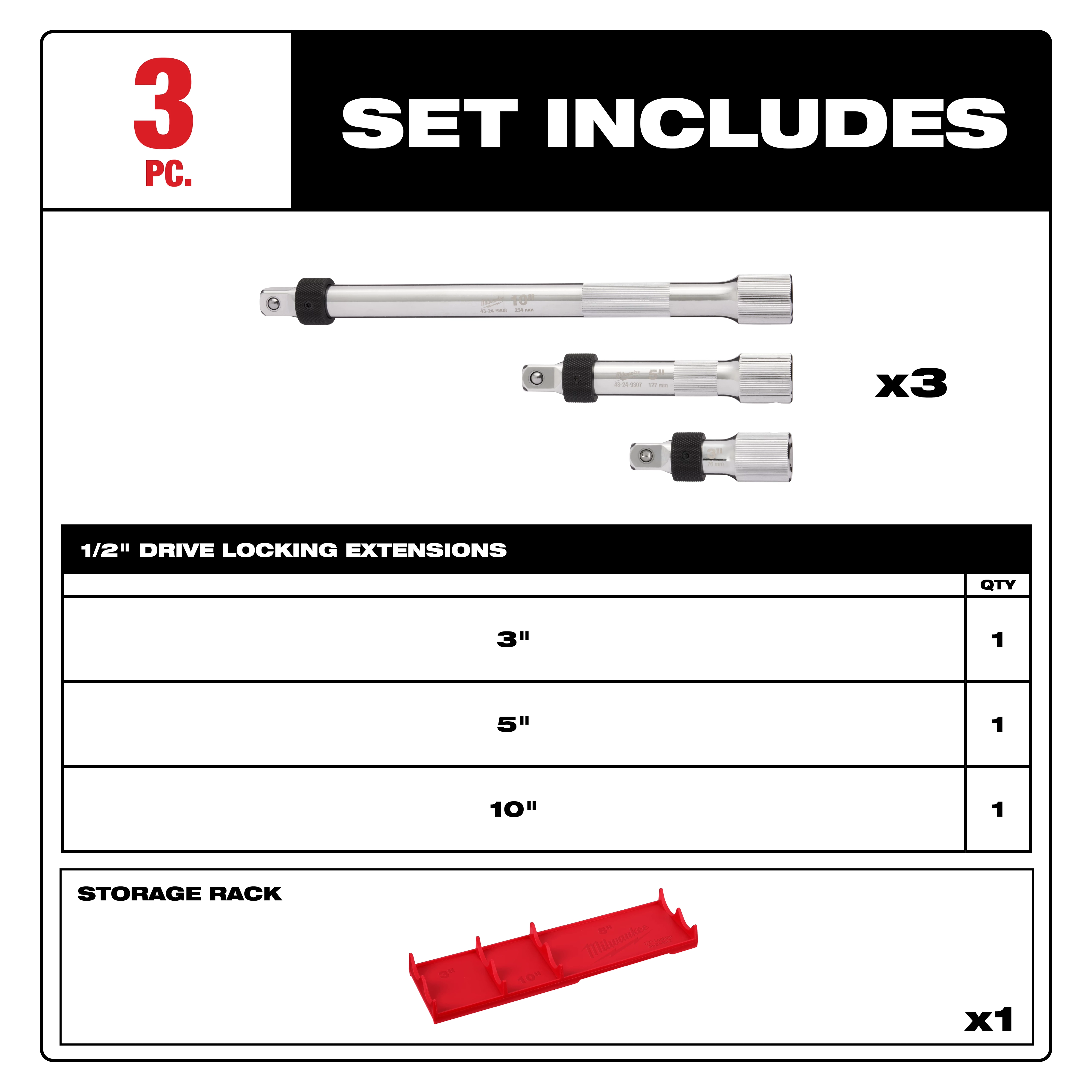 3pc 1/2” Drive Locking Extension Set
