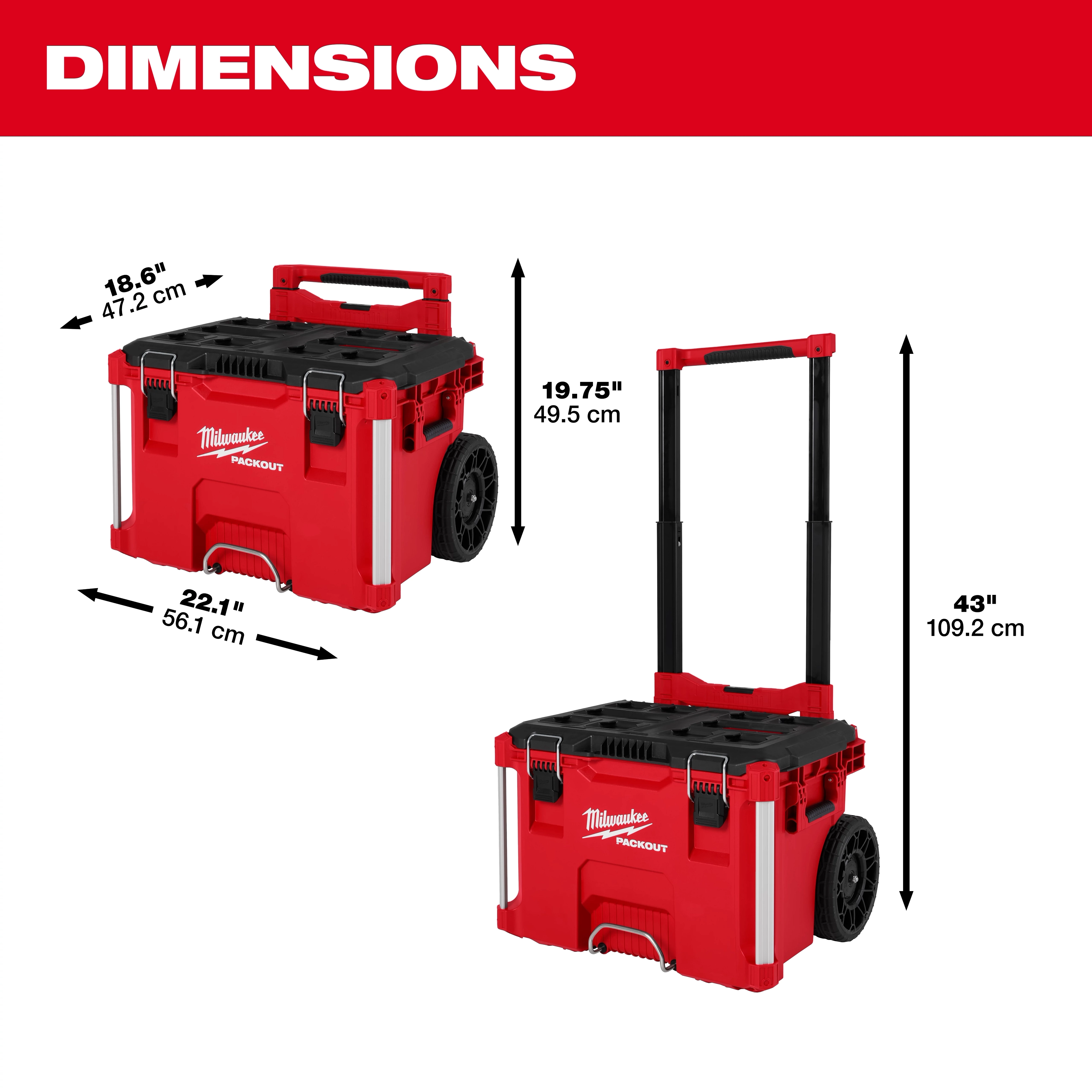 Image of the PACKOUT Rolling Tool Box with Low Profile Handle dimensions