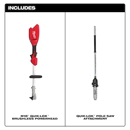 M18 QUIK-LOK Brushless Pole Saw with red powerhead and long pole saw attachment displayed side by side.