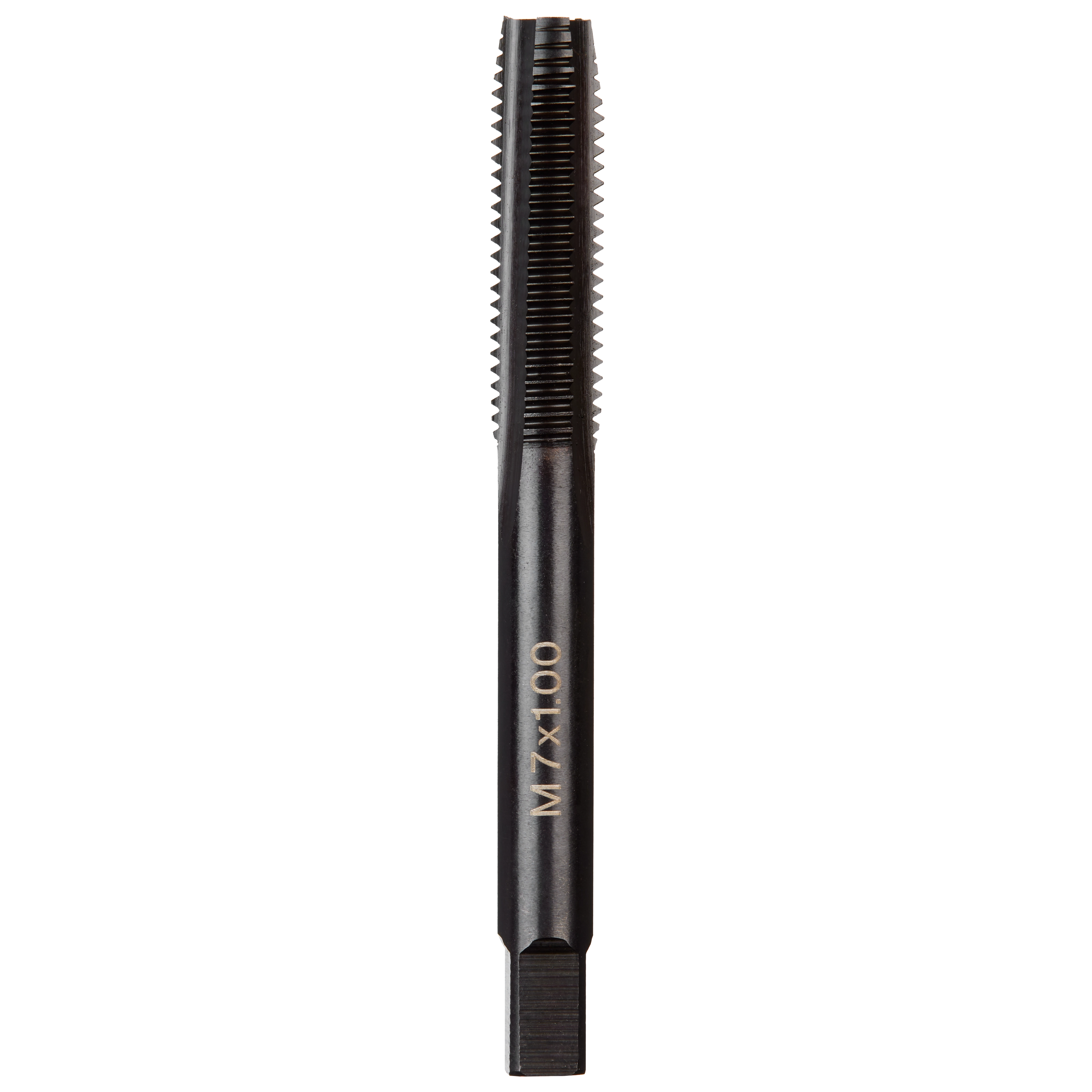M7-1.00 20mm Straight Flute Plug Tap with a black finish and engraved text, designed for threading holes in metal.
