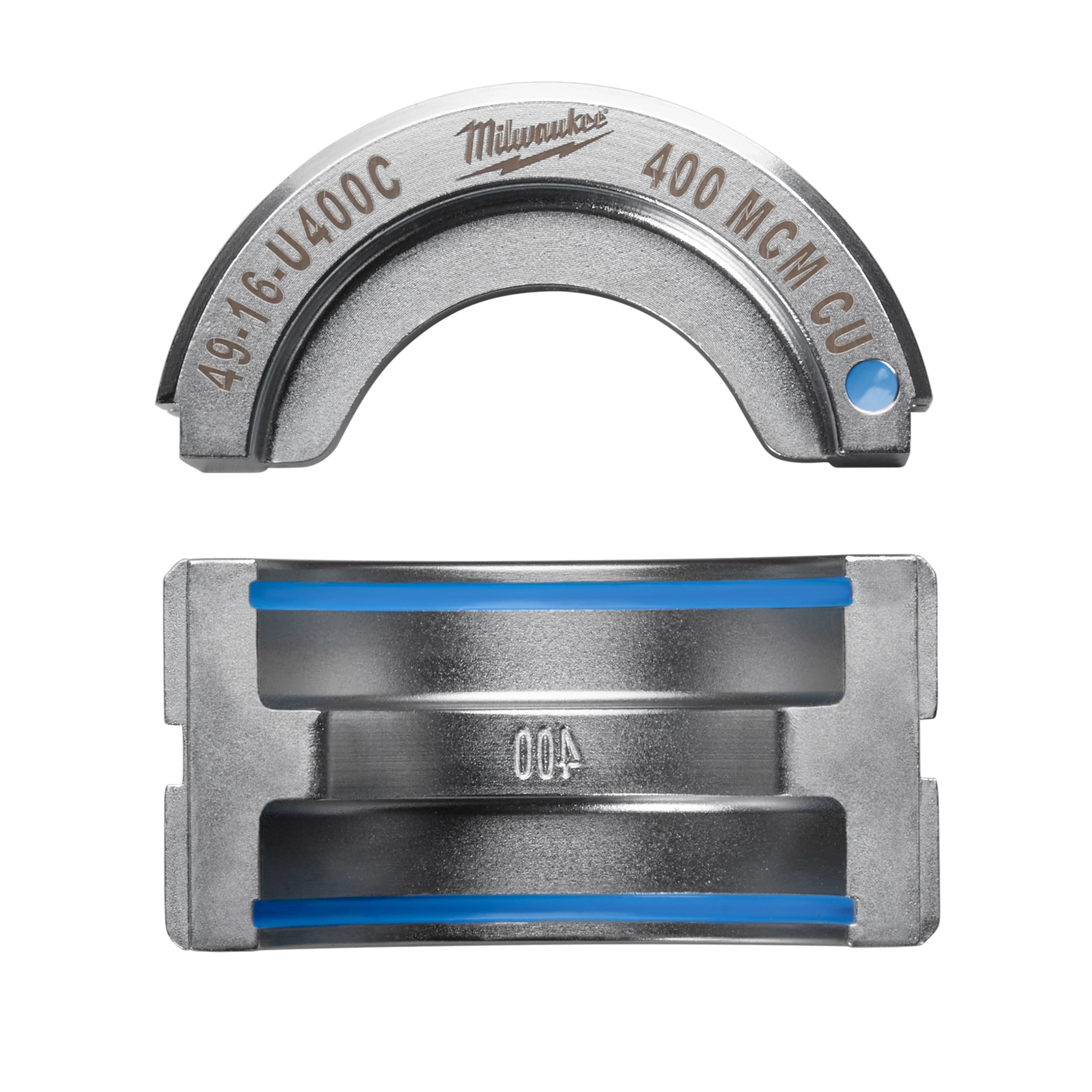 The 400 MCM Copper U Style Die consists of a U-shaped top piece and a rectangular bottom piece. Both pieces are metallic with blue accents. The upper piece is marked with "400 MCM CU" and "49:16:U400C." The bottom piece has the number "400" inscribed.