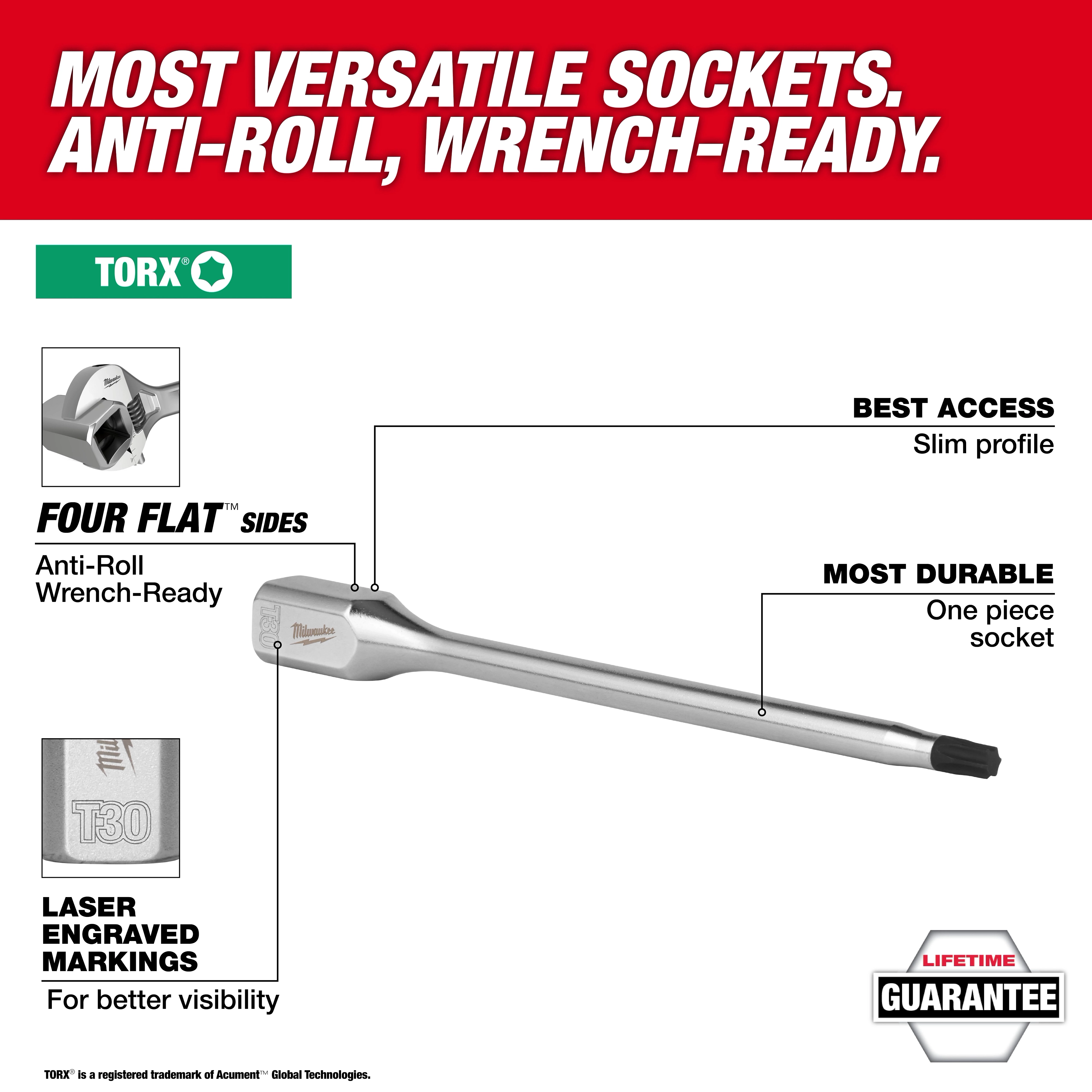 1/4” and 3/8” Drive Long TORX Bit Socket Set. Features anti-roll sides, slim profile for best access, and laser-engraved markings.