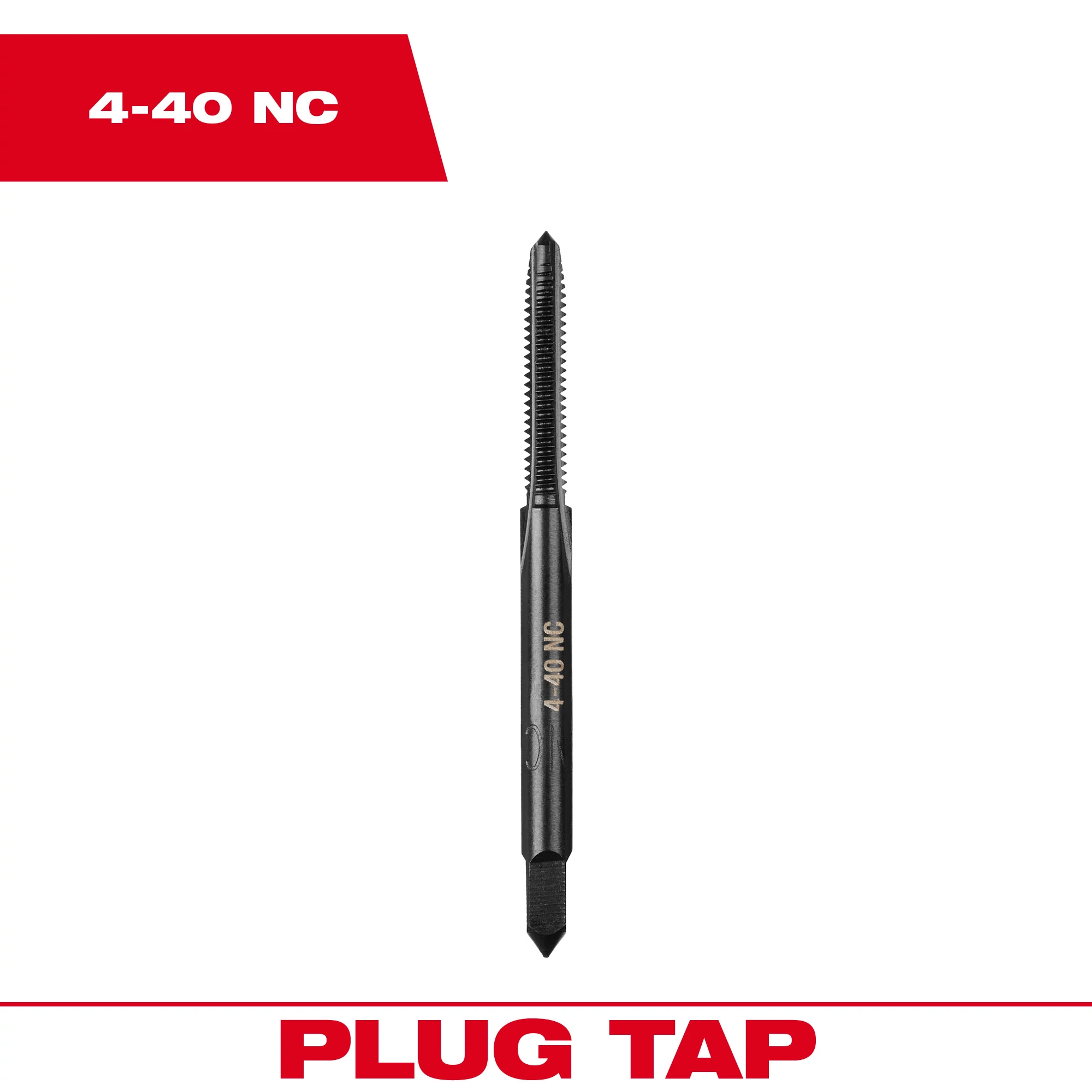 4-40 NC Straight Flute Plug Tap, a metal tool used for threading holes, shown in black with spiral grooves.