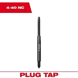 4-40 NC Straight Flute Plug Tap, a metal tool used for threading holes, shown in black with spiral grooves.
