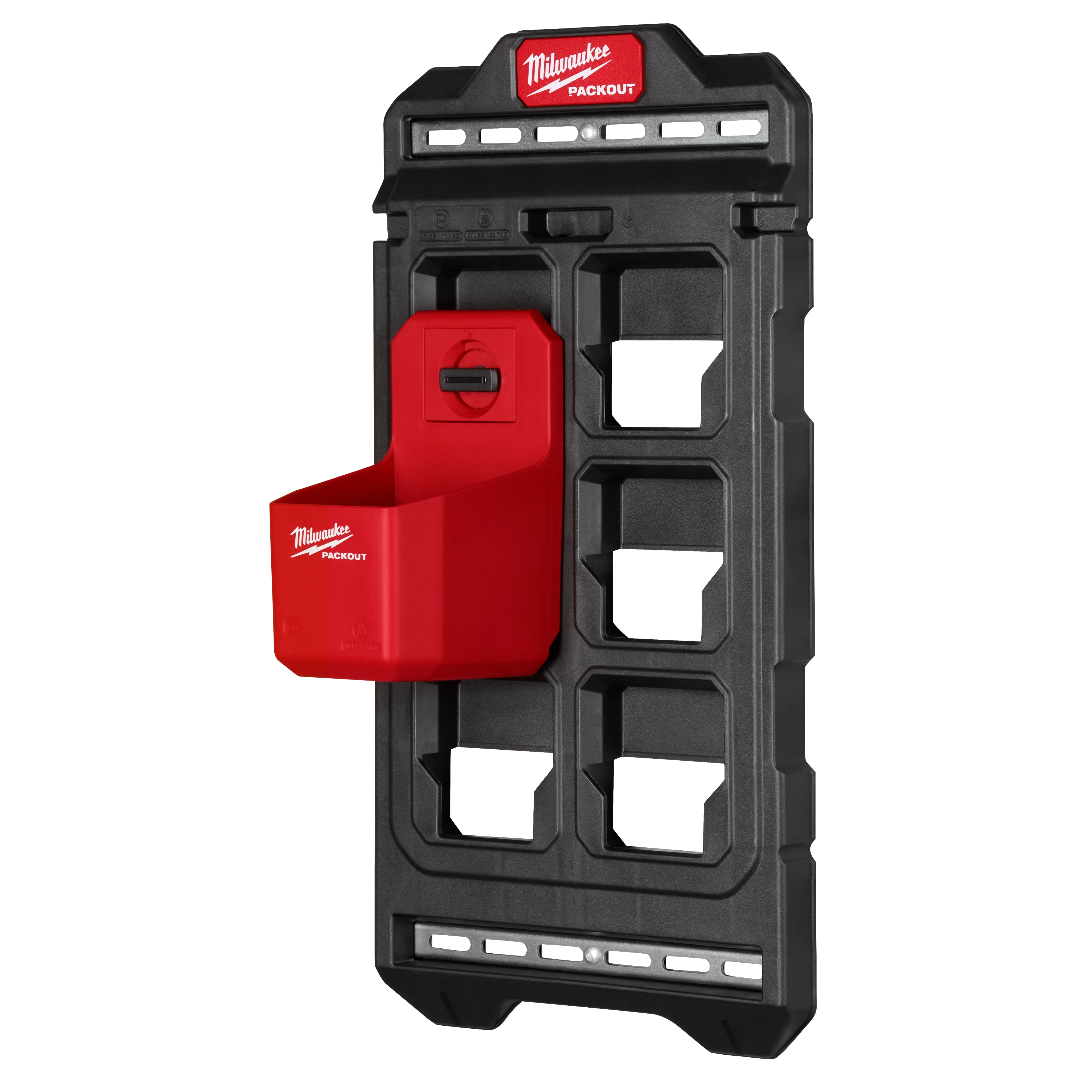 Milwaukee Packout Compact Wall Plate with a black frame and a red storage bin attaches to a wall for organizing tools.