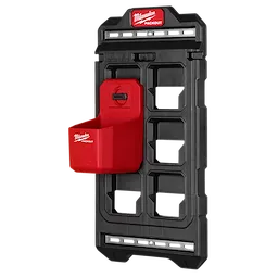 Milwaukee Packout Compact Wall Plate with a black frame and a red storage bin attaches to a wall for organizing tools.