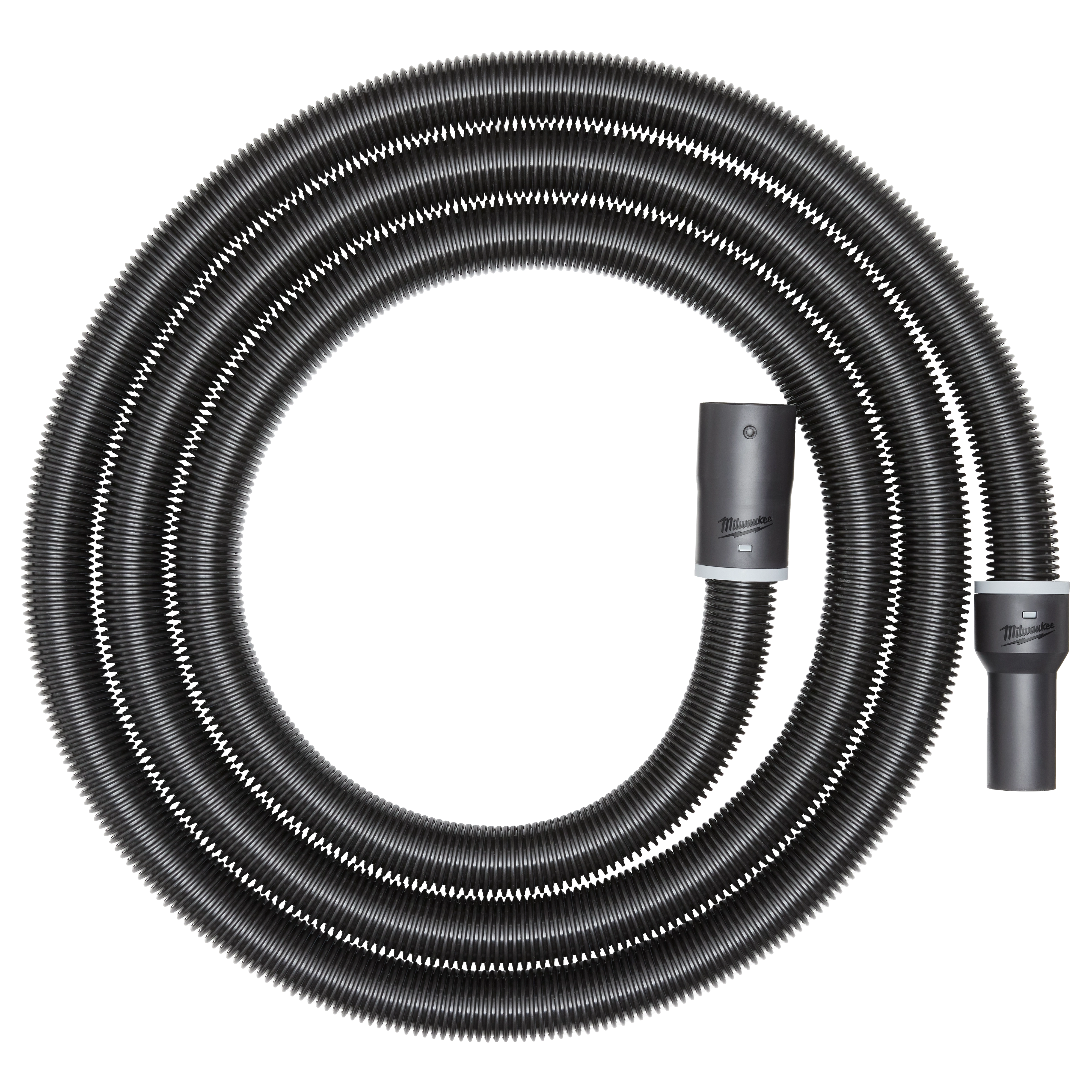1-7/8” x 16' Flexible Hose is coiled in a circular shape with black ridged tubing. The hose features two gray connector cuffs at both ends, with branding visible on one connector.
