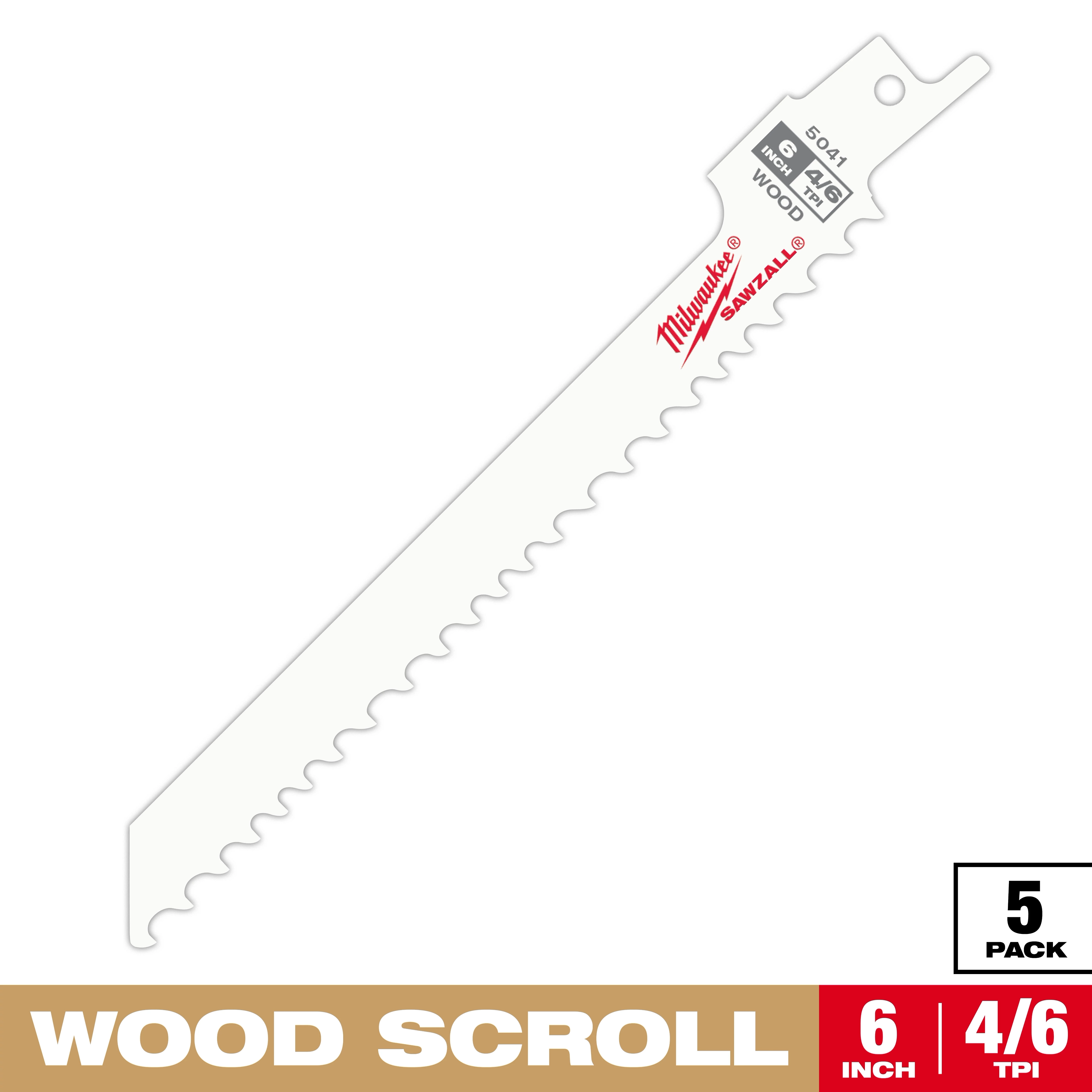 Milwaukee Sawzall blades for wood scroll cutting, shown in a 6-inch length with 4/6 teeth per inch. The package contains five blades.