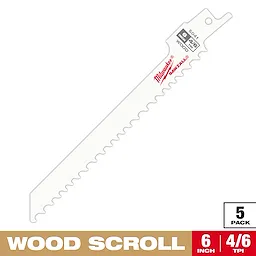 Milwaukee Sawzall blades for wood scroll cutting, shown in a 6-inch length with 4/6 teeth per inch. The package contains five blades.