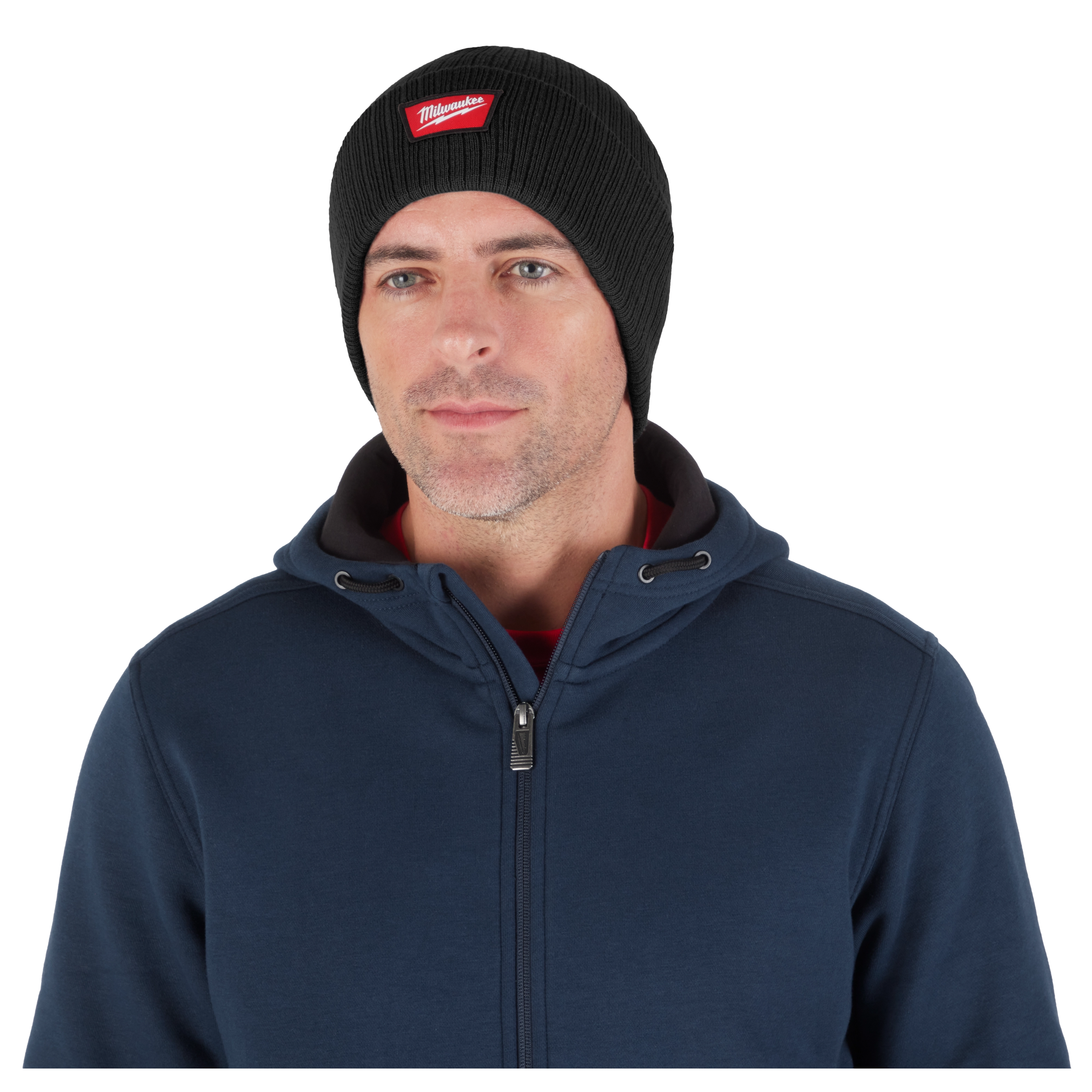 Man wearing a Milwaukee Rib-Knit Cuffed Beanie - Black.