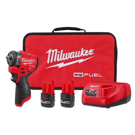 The image shows the M12 FUEL™ 3/8" Subcompact Impact Wrench with Friction Ring Kit by Milwaukee. It includes a red impact wrench, two red lithium batteries, a charger, and a red carrying case with the Milwaukee logo.