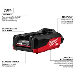 Image of the MX FUEL™ Rapid Charger with labeled features. It has a charge status indicator, a cord wrap for organized charging, a carrying handle, and REDLINK™ Intelligence for optimized performance. It is COOL-CYCLE capable for high-speed cooling. The charger has a black and red design with the Milwaukee logo.