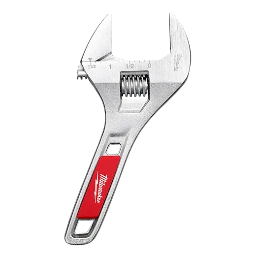 6" Wide Jaw Adjustable Wrench with a metal body, scale markings, and a red grip handle on a plain background.