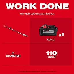 M18 QUIK-LOK Brushless Pole Saw with battery shown alongside text highlighting 3" diameter and 110 cuts.