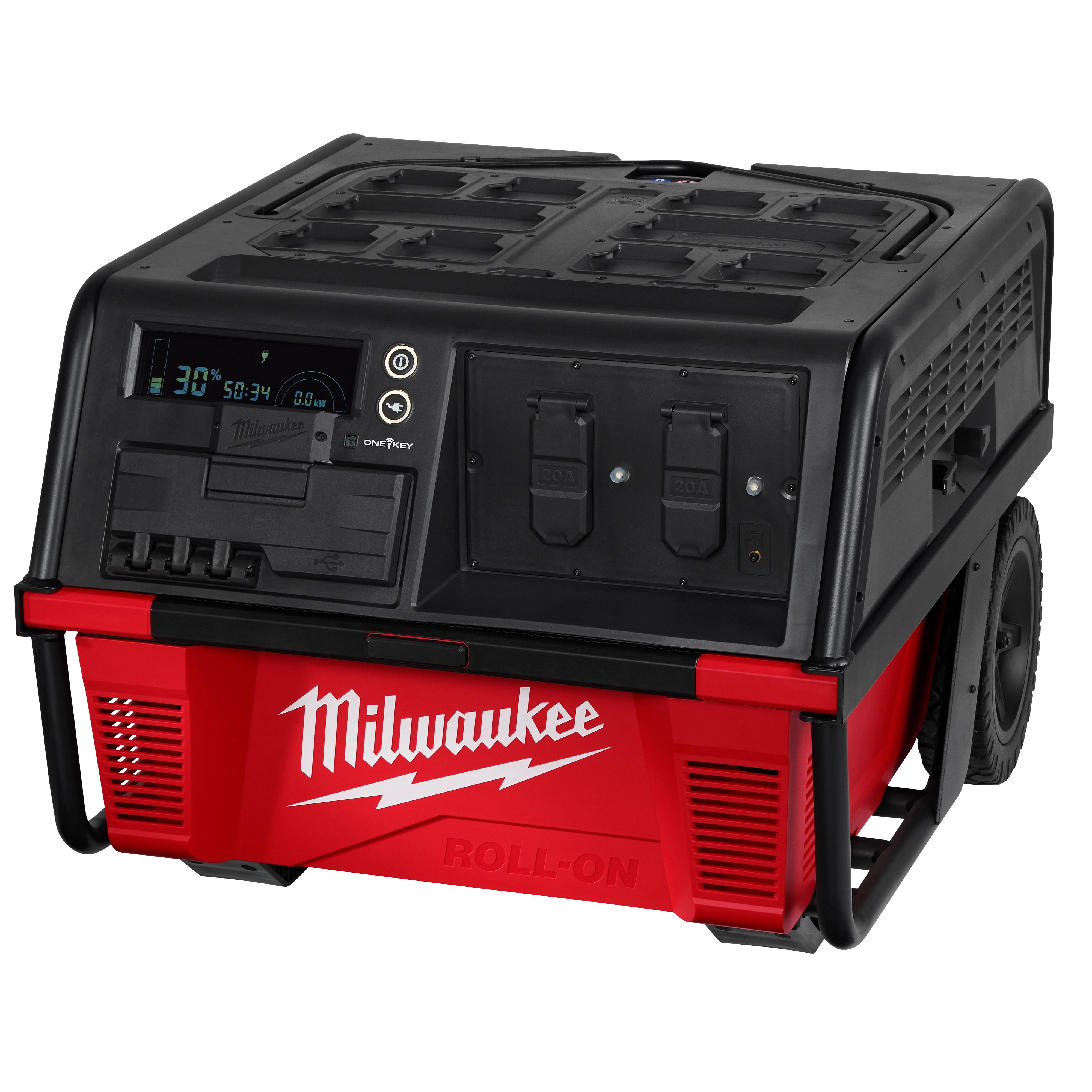 Milwaukee ROLL-ON™ 7200W/3600W 6.0kWh Power Supply is a red and black portable generator with digital display and multiple outlets. The unit has wheels and a sturdy handle for mobility. The Milwaukee logo is prominently displayed on the front of the generator.