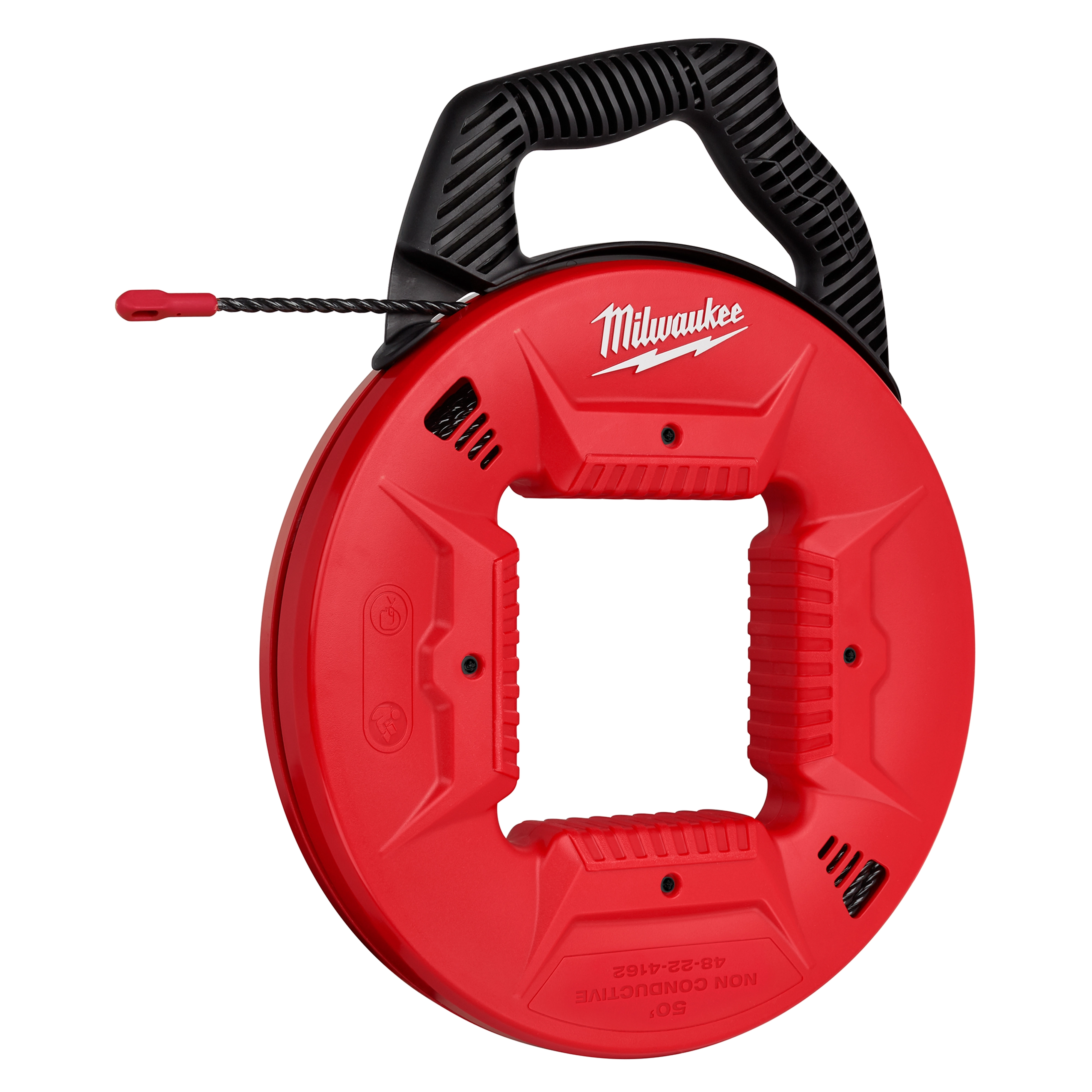 Milwaukee 50' Polyester Fish Tape with Non-conductive Tip is shown. The product has a red circular case and black handle.
