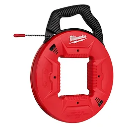 Milwaukee 50' Polyester Fish Tape with Non-conductive Tip is shown. The product has a red circular case and black handle.