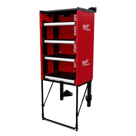 The PACKOUT™ Rack Kit features a bright red, vertical storage system with multiple adjustable shelves. It includes a pegged internal structure and branding by Milwaukee on the sides. The unit is supported by sturdy black legs, making it a robust tool-organizing solution.