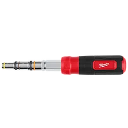 7-IN-1 Hollowcore Multi-Nut Driver with red handle, multiple nut sizes, and black grip. Tool is extended, showing its versatility.