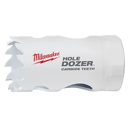 Milwaukee HOLE DOZER Bi-Metal Hole Saw, 1-1/8", with white body and carbide teeth, featuring company logo in red and text in gray.