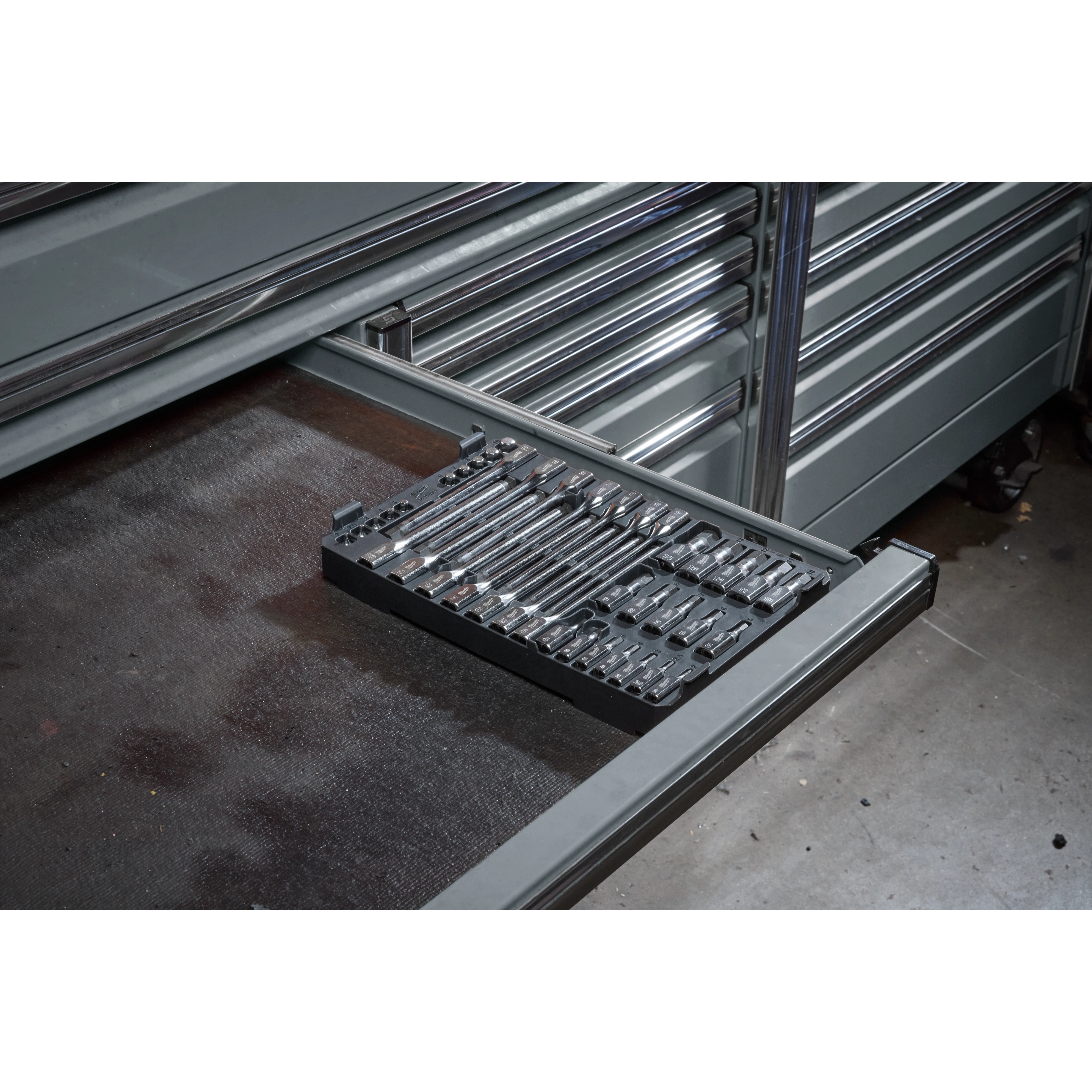 41pc 1/4” and 3/8” Drive Metric Bit Socket Set with PACKOUT Compact Low-Profile Organizer in a tool chest drawer.