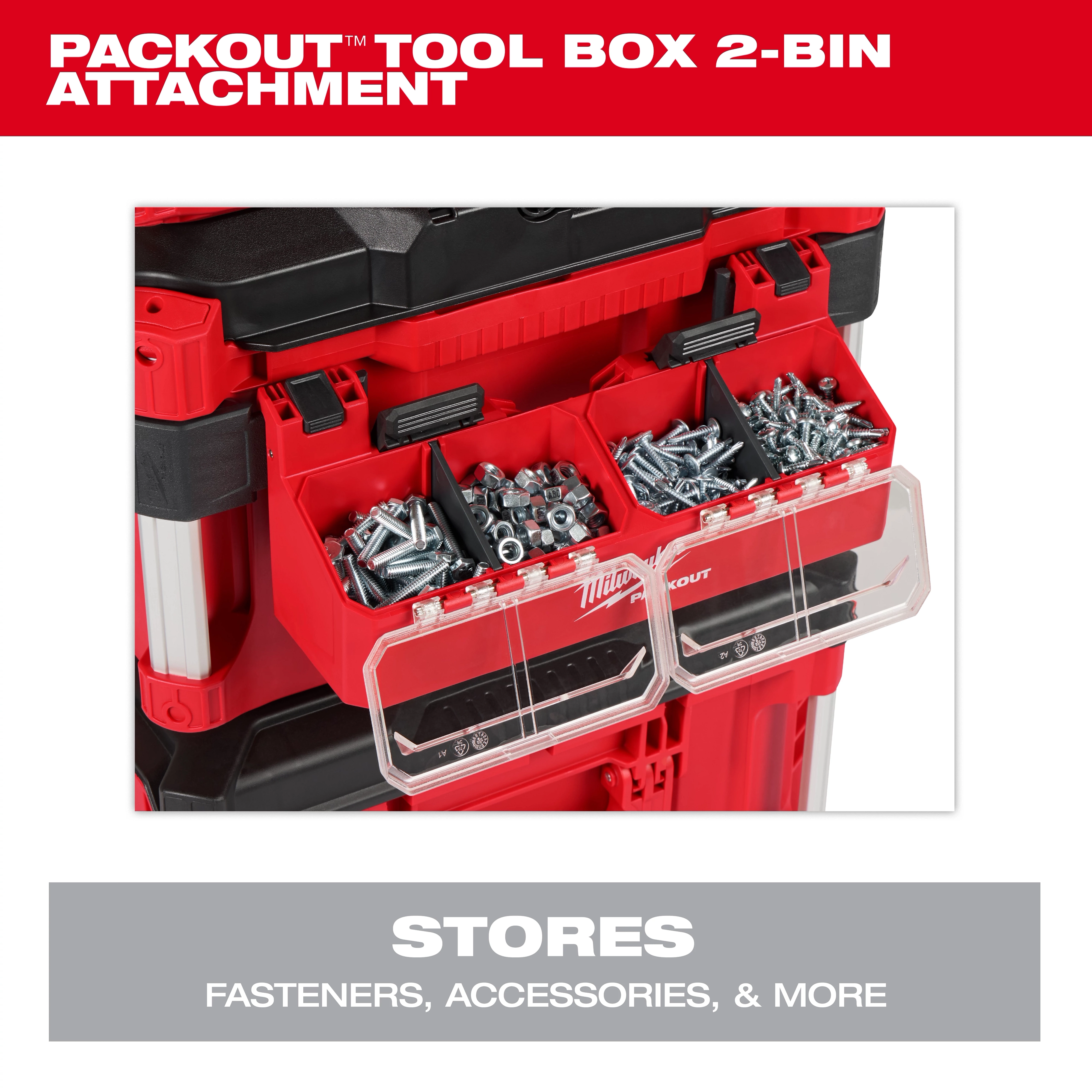 PACKOUT Tool Box 2-Bin Attachment with two red bins storing various fasteners, mounted on a larger tool storage system.
