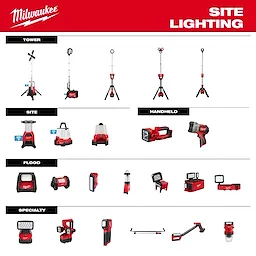Milwaukee Site Lighting product range, including tower lights, site lights, handheld lights, flood lights, and specialty lights in red and black.
