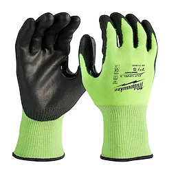 Hi Vis Cut Gloves are bright green safety gloves with black palms and fingers. Made for cut resistance and increased visibility.