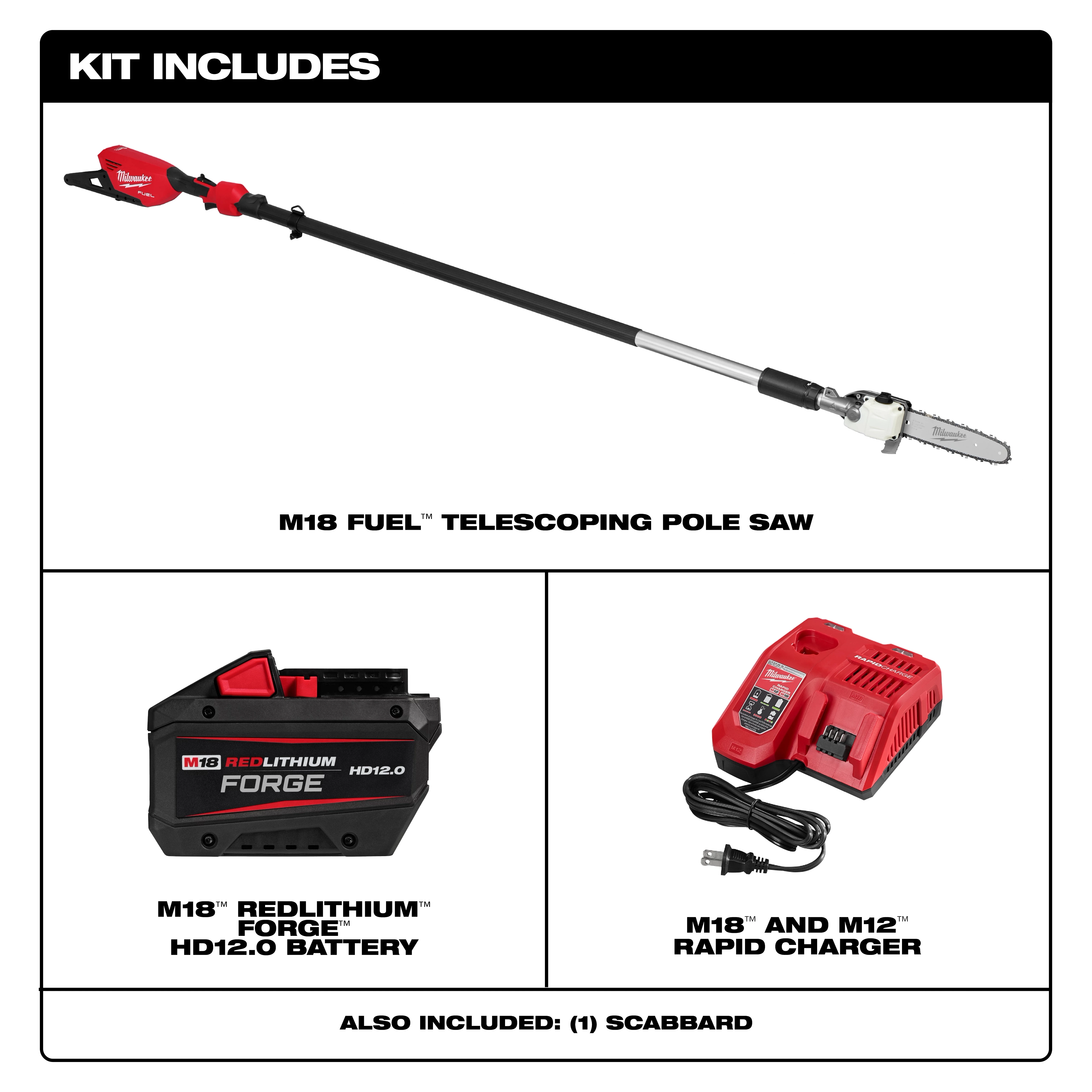 The image includes the M18 FUEL™ Telescoping Pole Saw, a M18™ REDLITHIUM™ FORGE™ HD12.0 battery, an M18™ and M12™ rapid charger, and a scabbard.