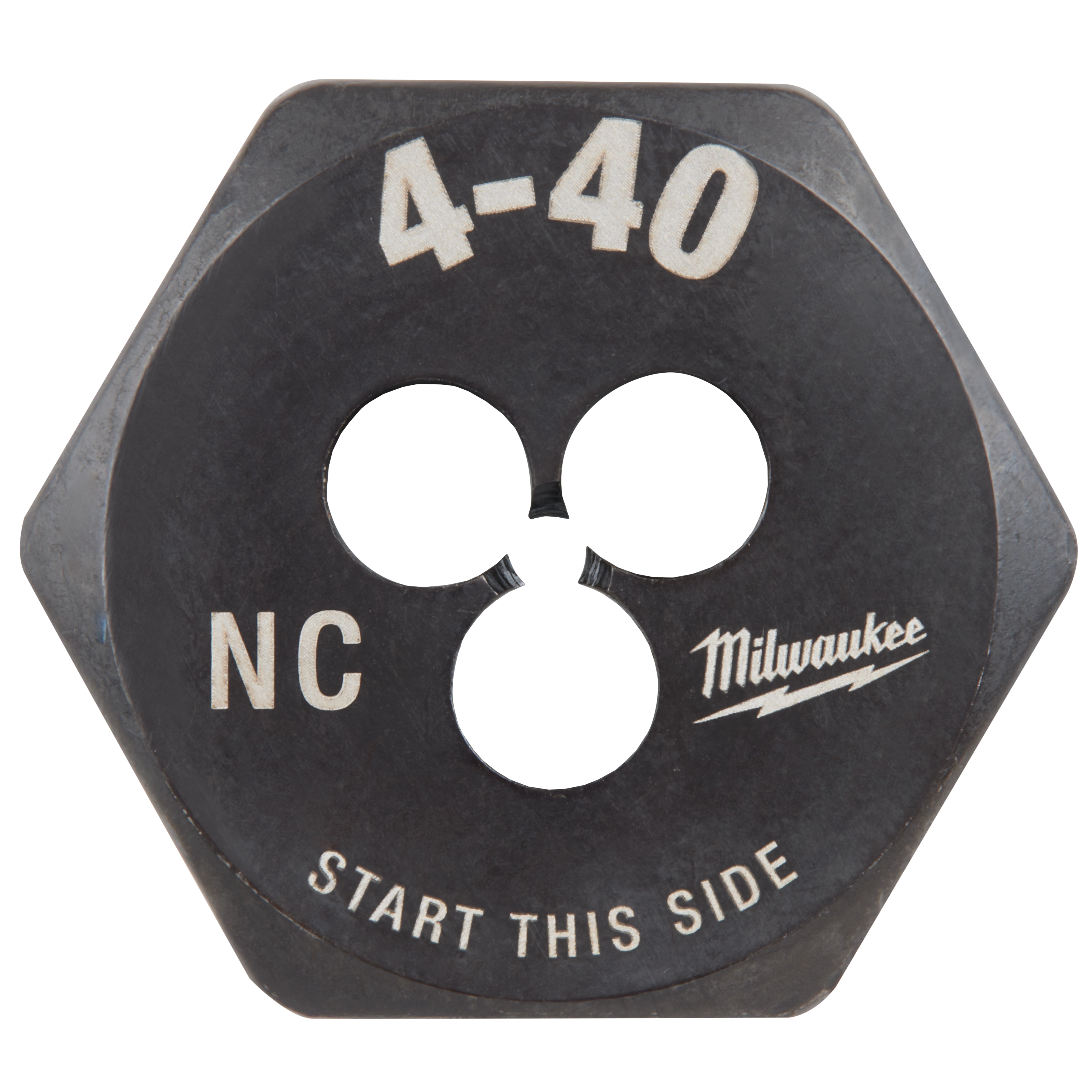 4-40 NC 1-Inch Hex Die, black hexagonal tool with central threading holes, marked "NC," "4-40," "Start This Side," and "Milwaukee."