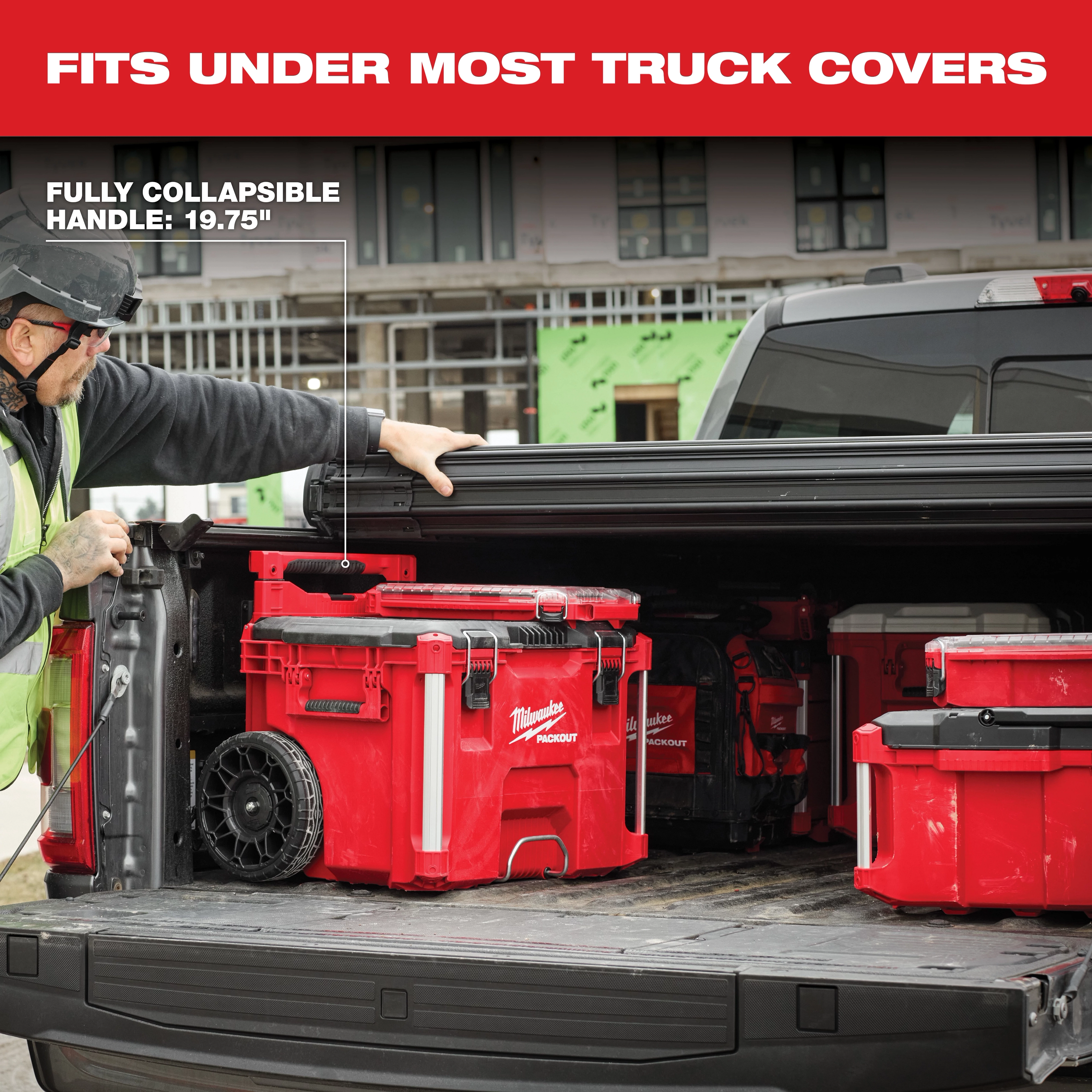 Low-Profile Handle for PACKOUT Rolling Tool Box attached to a red tool box, fits under truck covers, fully collapsible handle measures 19.75".