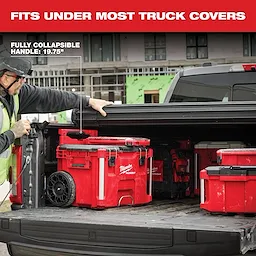 Low-Profile Handle for PACKOUT Rolling Tool Box attached to a red tool box, fits under truck covers, fully collapsible handle measures 19.75".
