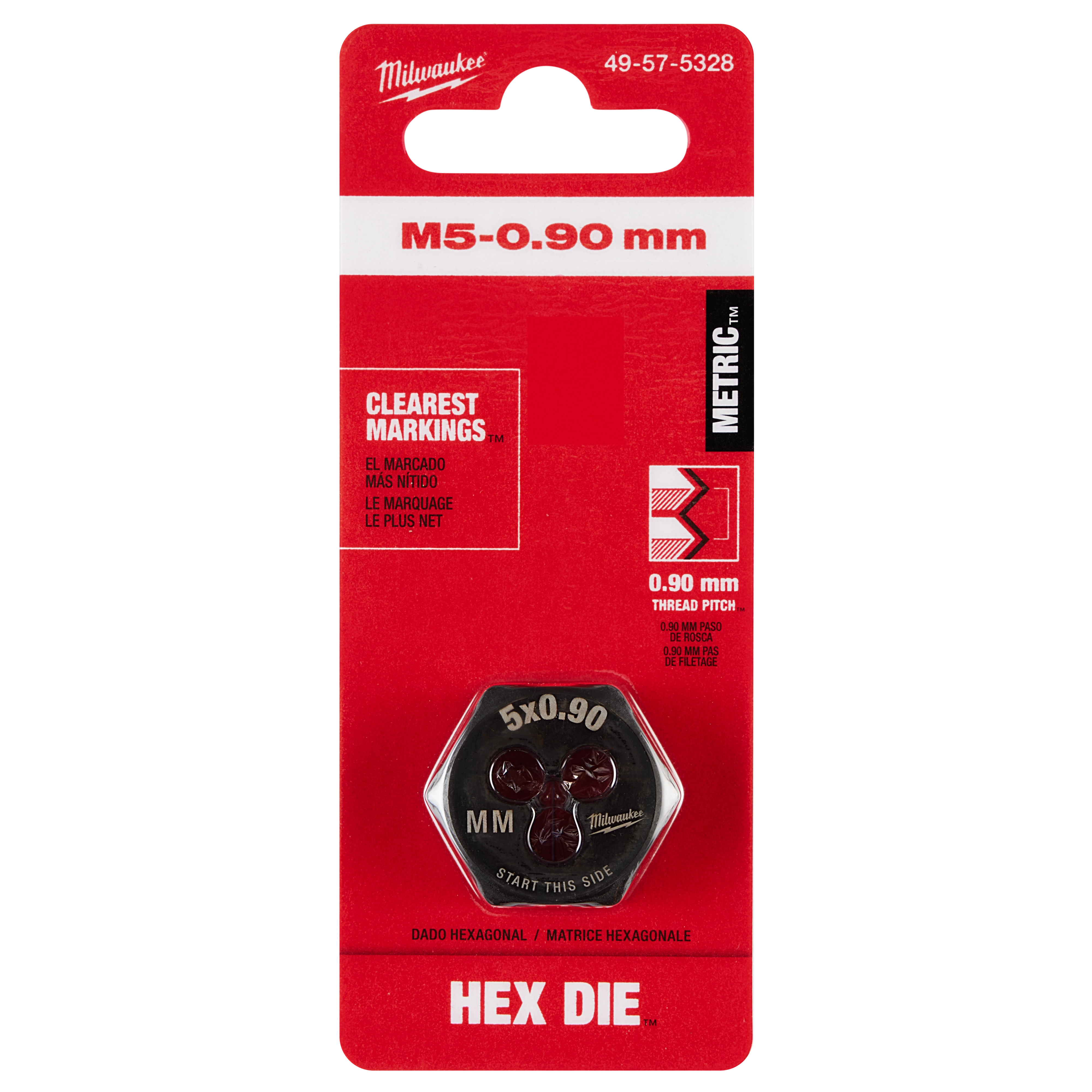 M5-0.90%20mm%201-Inch%20Hex%20Threading%20Die on a red packaging, clearly labeled with metric thread pitch and recommended markings.