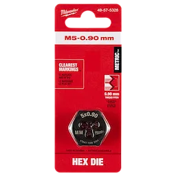 M5-0.90%20mm%201-Inch%20Hex%20Threading%20Die on a red packaging, clearly labeled with metric thread pitch and recommended markings.