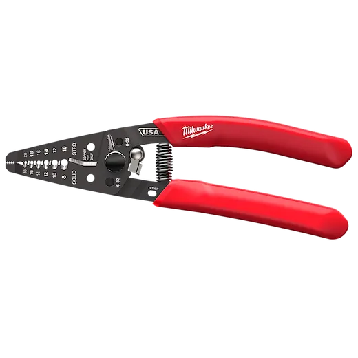 The 8-20 AWG Dipped Grip Wire Stripper & Cutter (USA) features a black metal head with various cutting slots and settings and a red handle with a dipped grip for comfort. The tool is spring-loaded for ease of use and prominently displays the "USA" marking and manufacturer branding.