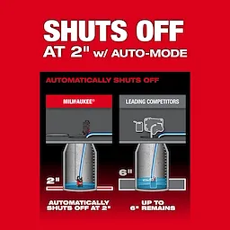 The image shows a comparison between the MX FUEL™ Portable Pump Power Base and leading competitors in terms of water shut-off levels. The MX FUEL™ shuts off at 2 inches with auto-mode, whereas leading competitors leave up to 6 inches of water remaining. The top text reads "SHUTS OFF AT 2” w/ AUTO-MODE."