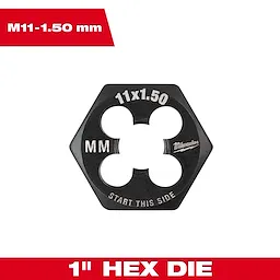 M11-1.50 mm 1-Inch Hex Threading Die with black finish and labeled 11x1.50, MM, and "start this side."