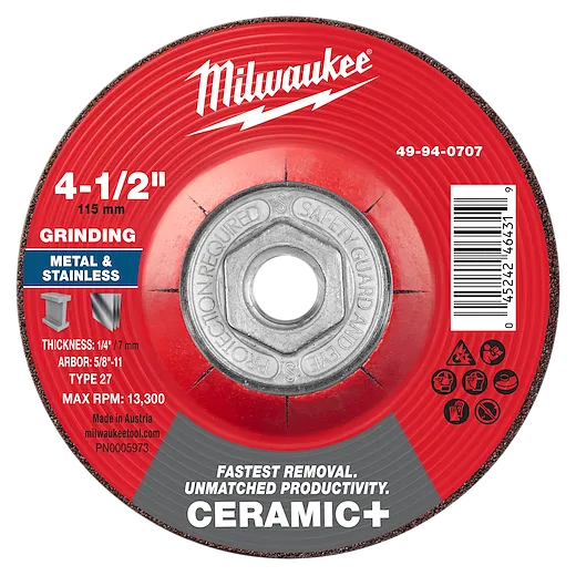 4-1/2" x 1/4" x 5/8"-11 Ceramic+ Metal Grinding Wheel - Type 27 with red label, used for grinding metal and stainless steel.