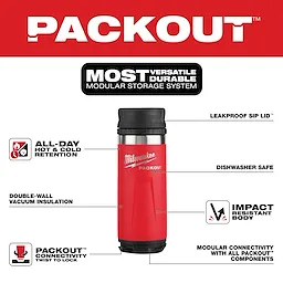 Milwaukee PACKOUT 18oz Insulated Bottle with Sip Lid. Highlighting features like all-day hot/cold retention, double-wall insulation, and impact resistance.