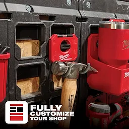 Red PACKOUT 3” Curved Hook holding a hammer on a customizable shop wall system. Text at bottom left reads "Fully Customize Your Shop."