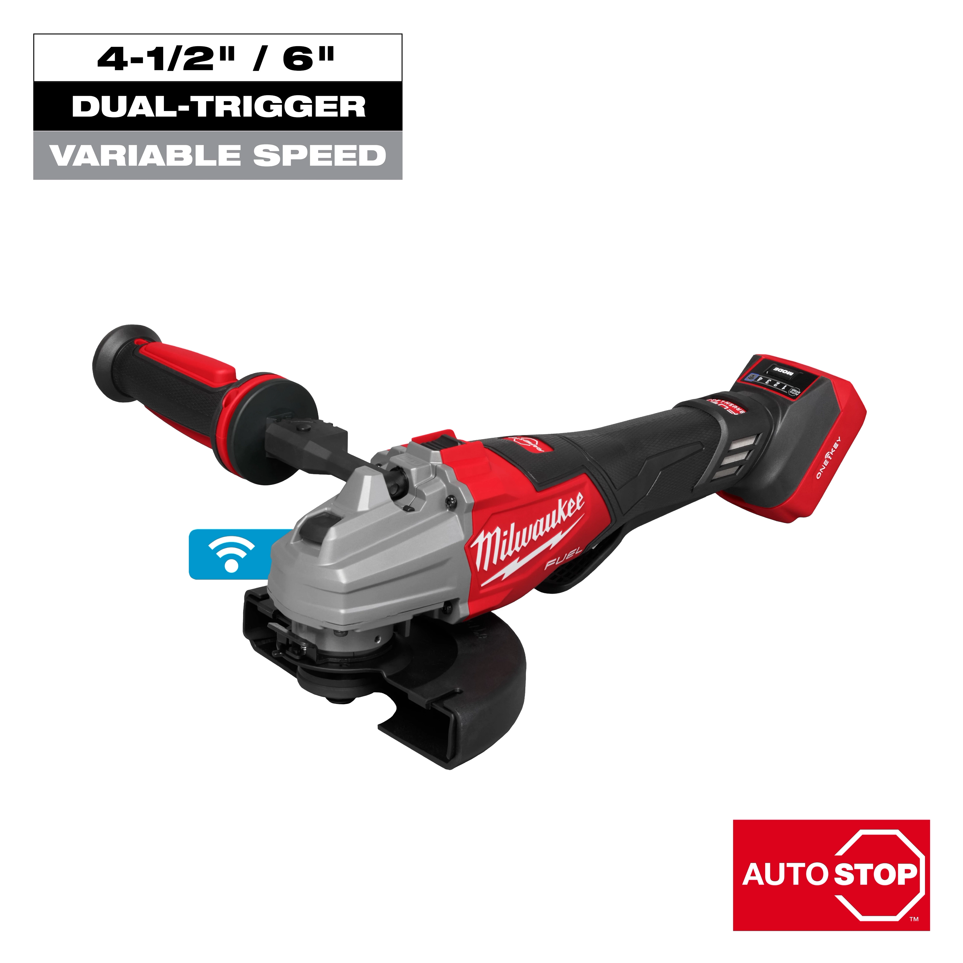 The M18 FUEL™ 4 1/2" - 6" Dual Trigger Braking Grinder, Paddle Switch with ONE KEY™ features a red and black body, variable speed settings, a dual-trigger, and an auto-stop function for safety. The product includes Wi-Fi connectivity symbol.