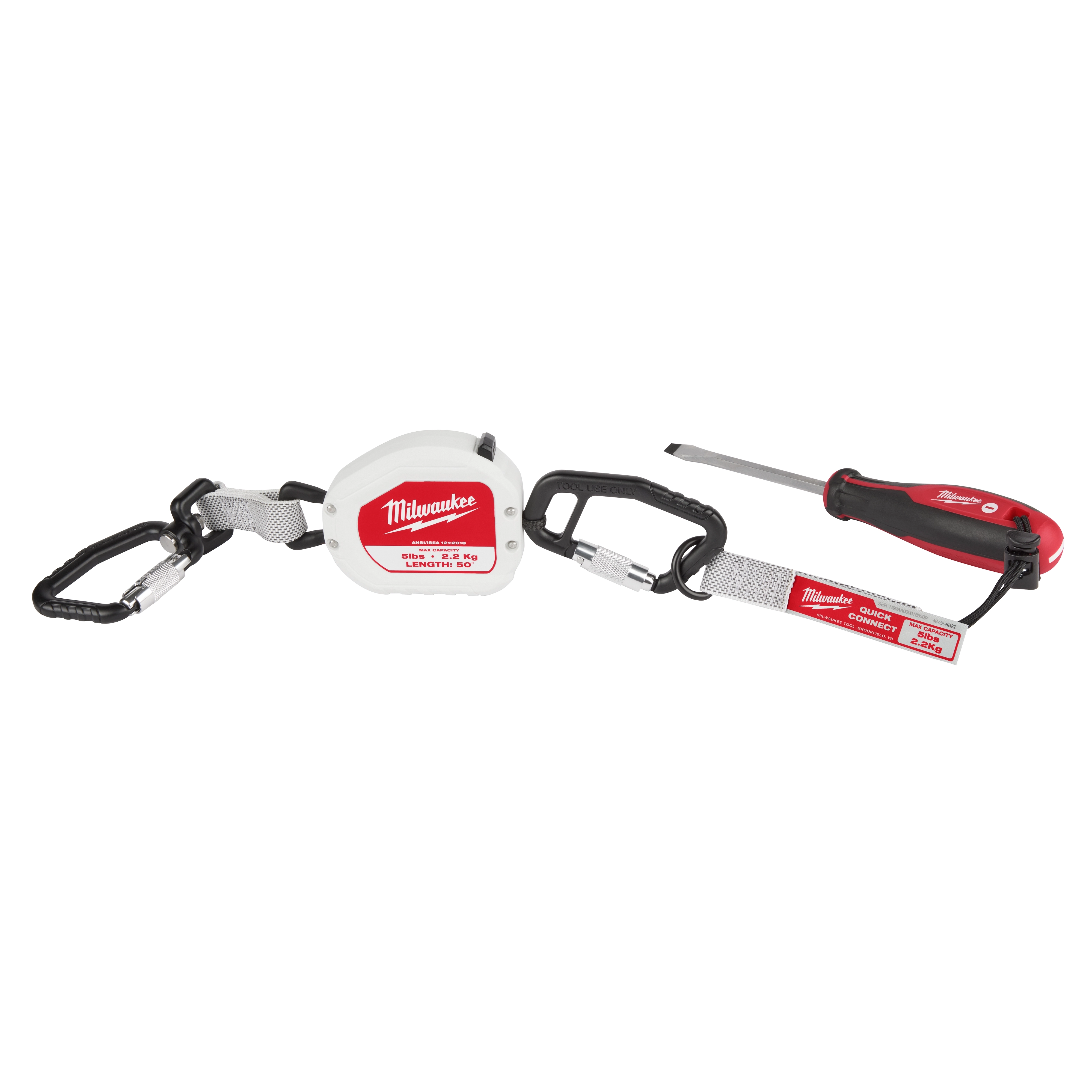 5LB Quick-Connect Retractable Tool Lanyard with a red and white housing, black carabiners, and a screwdriver attached.