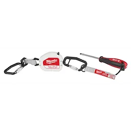 5LB Quick-Connect Retractable Tool Lanyard with a red and white housing, black carabiners, and a screwdriver attached.