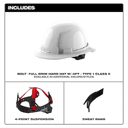 The image shows a BOLT™ White Full Brim Hard Hat w/4pt Ratcheting Suspension (USA) - Type 1, Class E. The hard hat is white with a full brim and has a ratcheting suspension system. The lower section of the image displays the 4-point suspension mechanism and a sweatband included with the hard hat. The text indicates availability in other colors and styles.