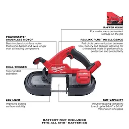 M18 FUEL Compact Dual-Trigger Band Saw (Tool-Only) displayed with labeled features and specifications.