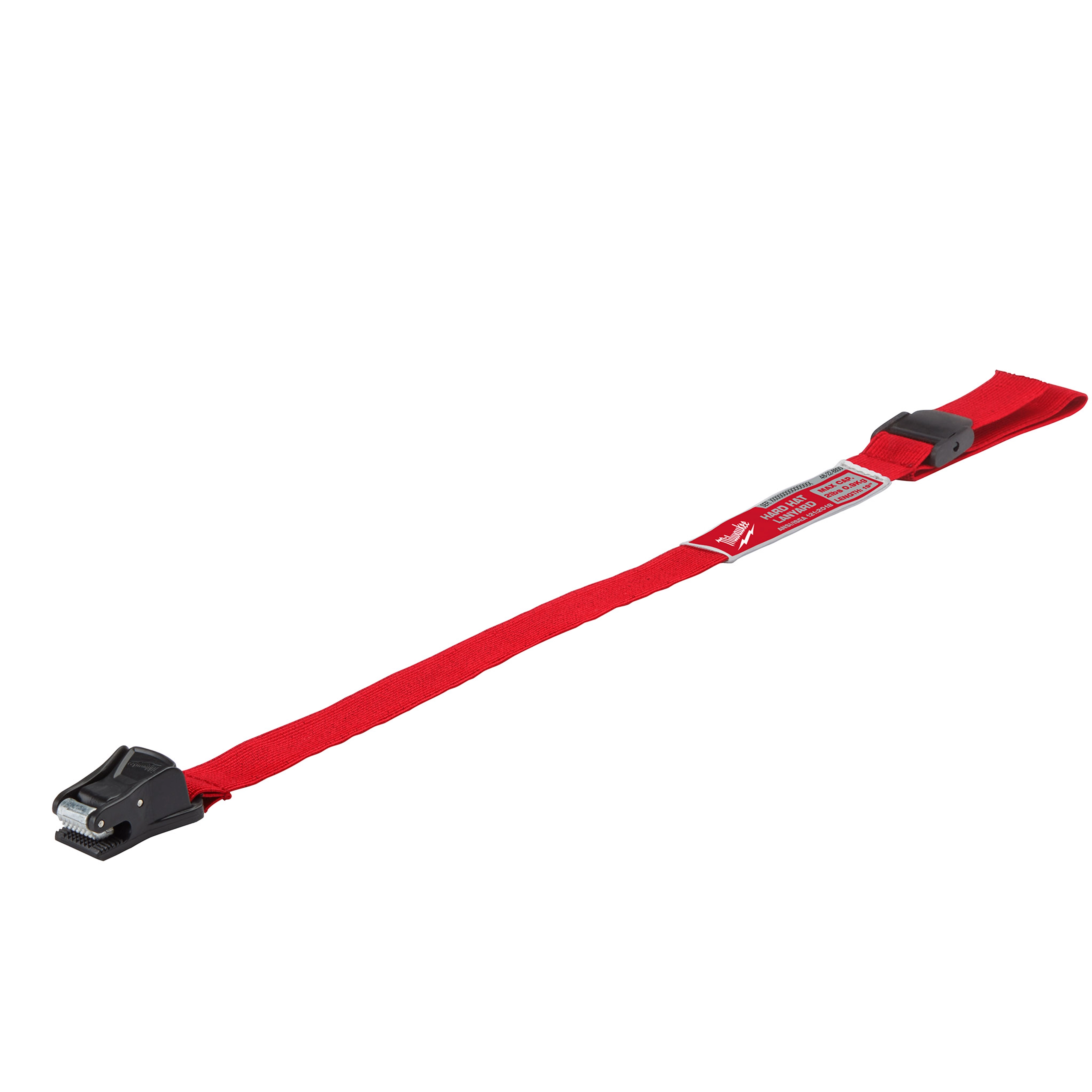 Hard Hat Lanyard with Clip features a red strap and a black clip with a locking mechanism. It is designed for securing a hard hat, ensuring it remains attached and reducing the risk of loss or accidents on the job site.